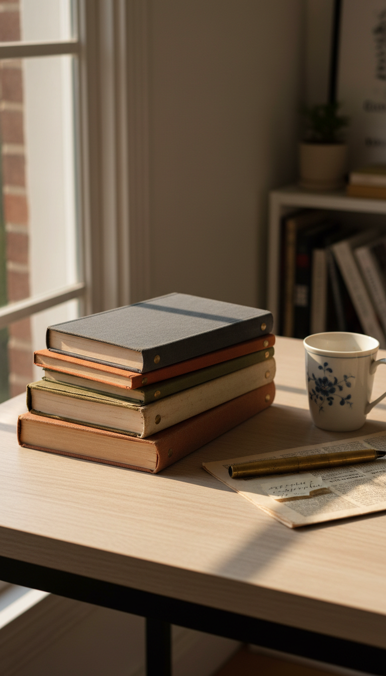 A neatly stacked pile of well-worn hardcover journals sits atop a light, textured wooden desk, their covers in muted, earthy tones with visible creases and little metal page corners peeking out. Scattered around are a vintage brass pen, a folded newspaper clipping, and an empty porcelain mug with a subtle, hand-painted pattern. The desk is positioned near a sunlit window, with soft, golden afternoon sunlight pouring in and casting gentle, elongated shadows across the objects. The overall atmosphere feels thoughtful and introspective, with a calm, cozy aura. Shot from a slightly elevated angle, with focused foreground and softly blurred background, the composition is clean, modern, and slightly nostalgic, evoking authentic creative reflection.